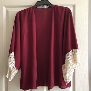 Sheer maroon cardigan w/ lace sleeves